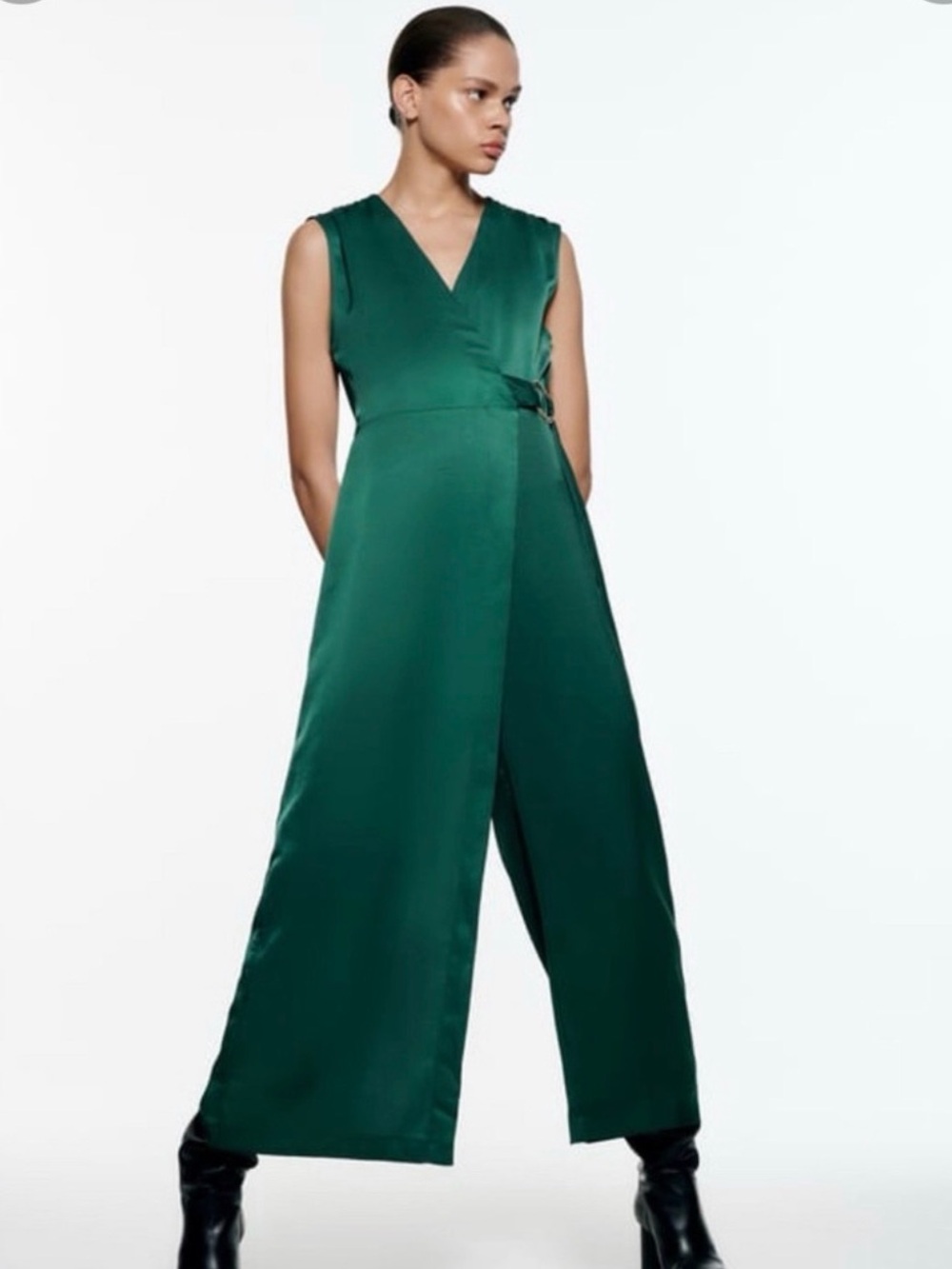 Zara Emerald Green Sleeveless Wrap Jumpsuit